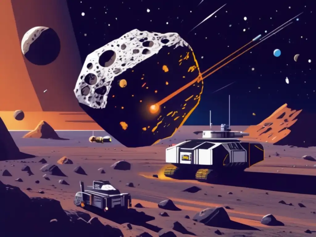Giant asteroid surrounded by spacecraft equipped with asteroid mining equipment