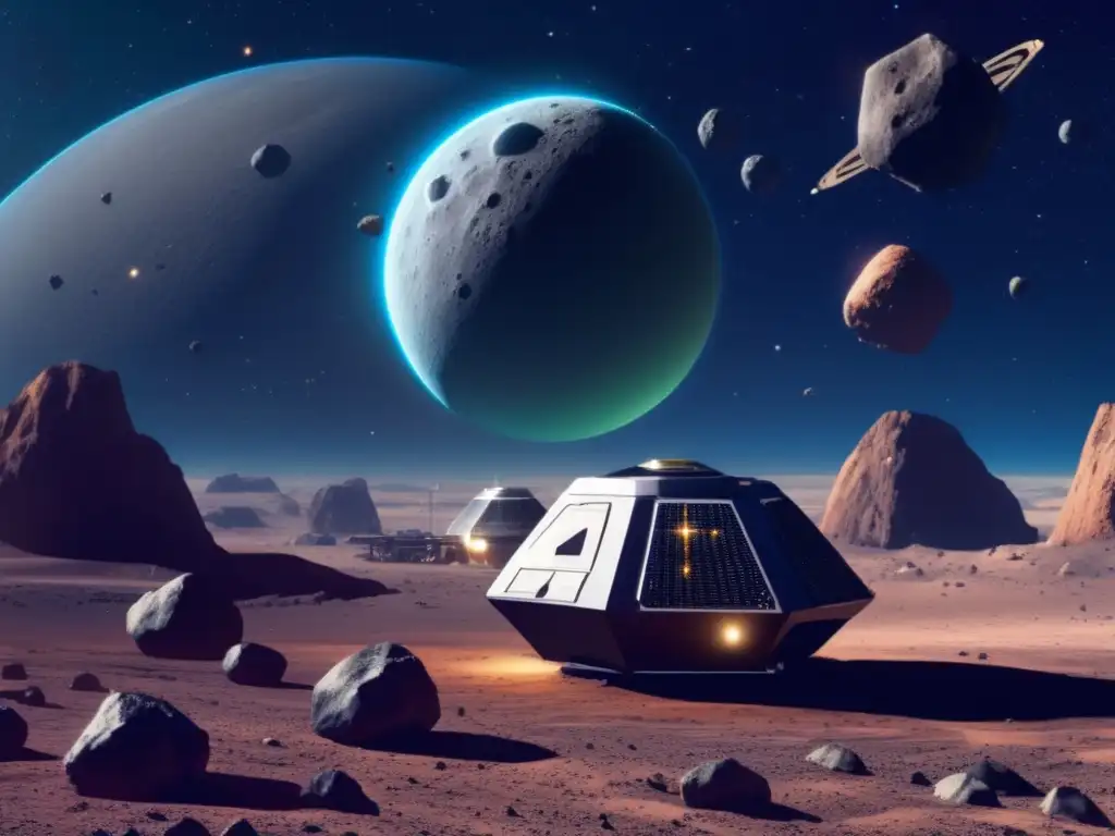 Role of asteroids in shaping the future of space exploration: A photorealistic image of asteroid mining equipment and spacecraft in an asteroid field, surrounded by a clear bluegreen planet or space background
