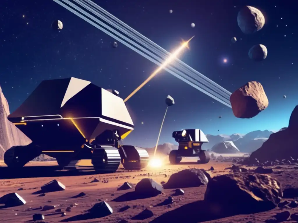 Futuristic asteroid mining operation with cutting-edge technology, raw asteroid, vast space, purple sky, asteroid dust, photorealistic style