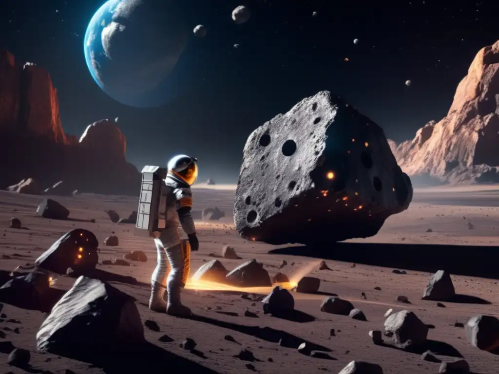 A photorealistic asteroid mined by human-operated spacecraft, surrounded by futuristic tools and equipment