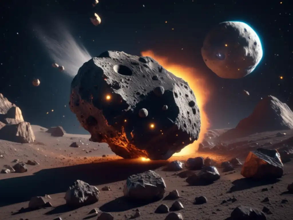 Asteroid mining gone wrong: 3D model shows mining rig attached to asteroid, surrounded by debris in deep space, lit by multiple sources