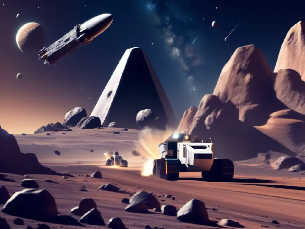 A breathtaking photorealistic portrayal of a thriving asteroid mining scene, seen from the sleek #mining spacecraft hovering over a massive asteroid