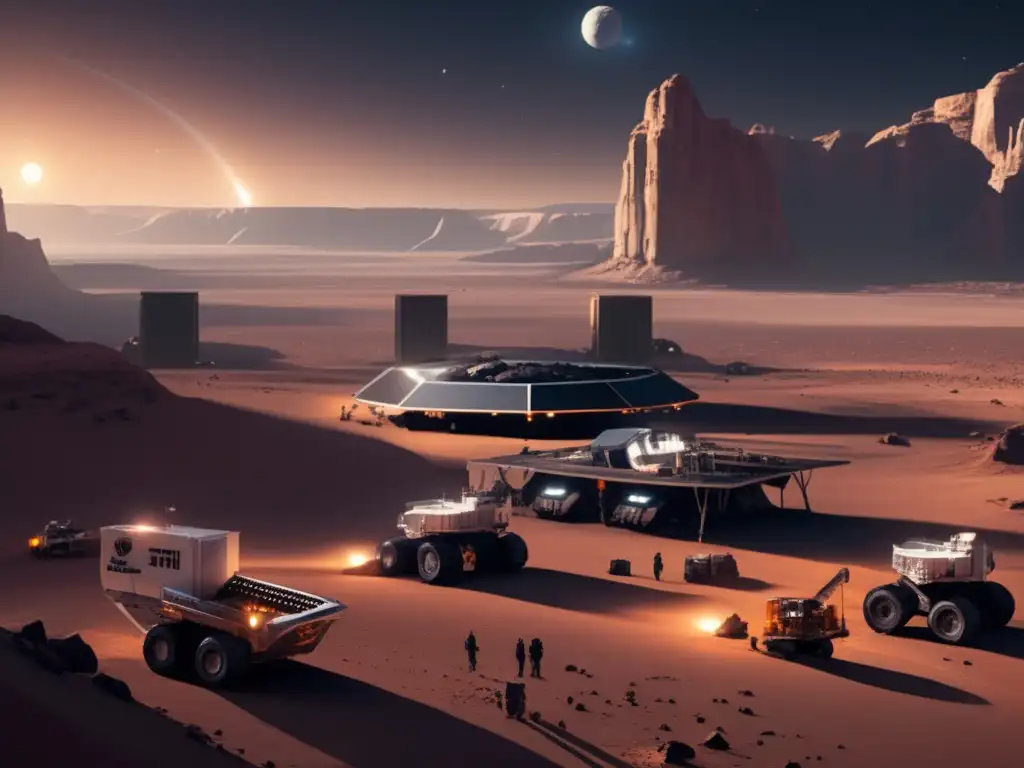 Explore the intricate asteroid mining facility in a vast, dark desert landscape surrounded by towering cliffs and rock formations