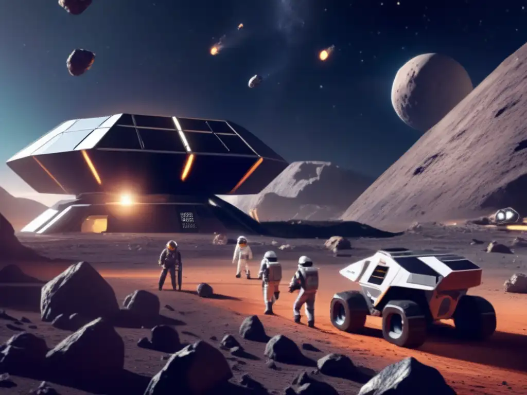 A stunning photorealistic image of a futuristic asteroid mining facility in space, surrounded by asteroids