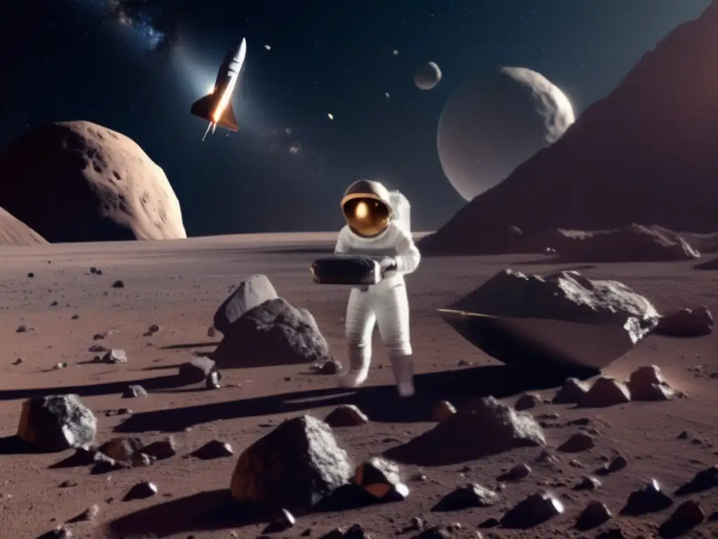 An asteroid mining facility in space, where a woman scientist examines a sample rock brought back from the asteroid