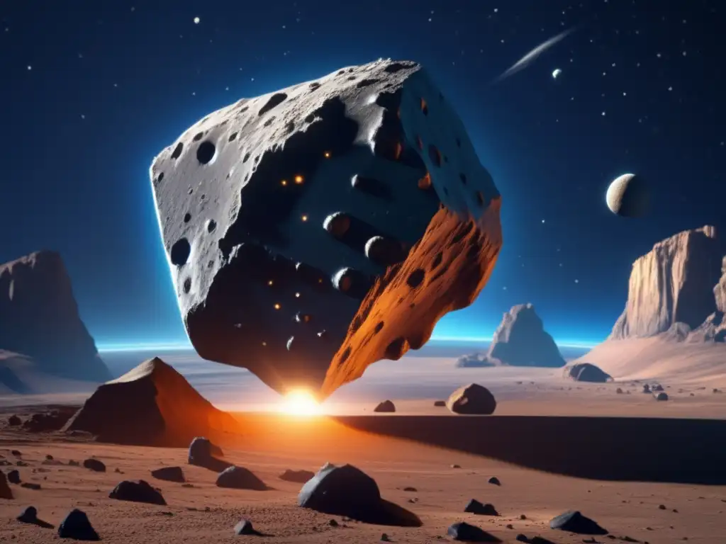 A stunning image of a small asteroid in motion against a deep blue backdrop of space, depicting jagged cliffs and craters on its surface