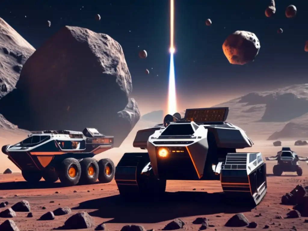 `A photorealistic depiction of an asteroid mining operation in space, with multiple asteroids attached to a spaceship or extracted from the asteroids