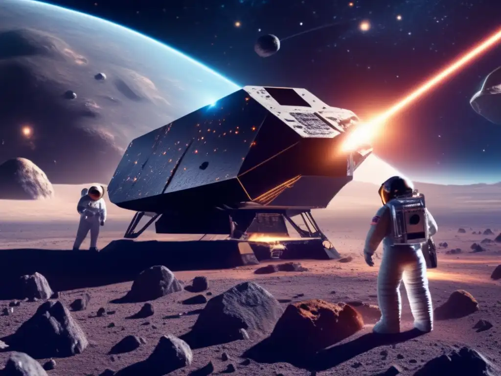 A stunning image of space mining at its most advanced: a government space shuttle expertly separating valuable minerals from an asteroid