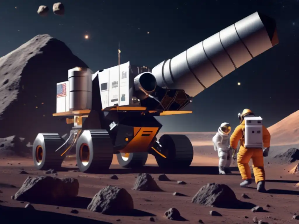 A photorealistic depiction of an asteroid mining operation in space, with a focus on extraction and analysis of valuable resources