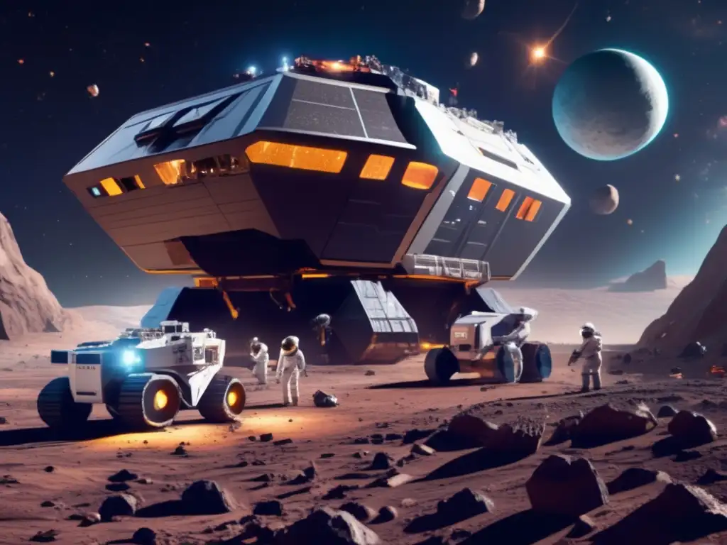 A photorealistic image of a futuristic asteroid mining operation in space, showing the bustling activity of cargo ships and drones