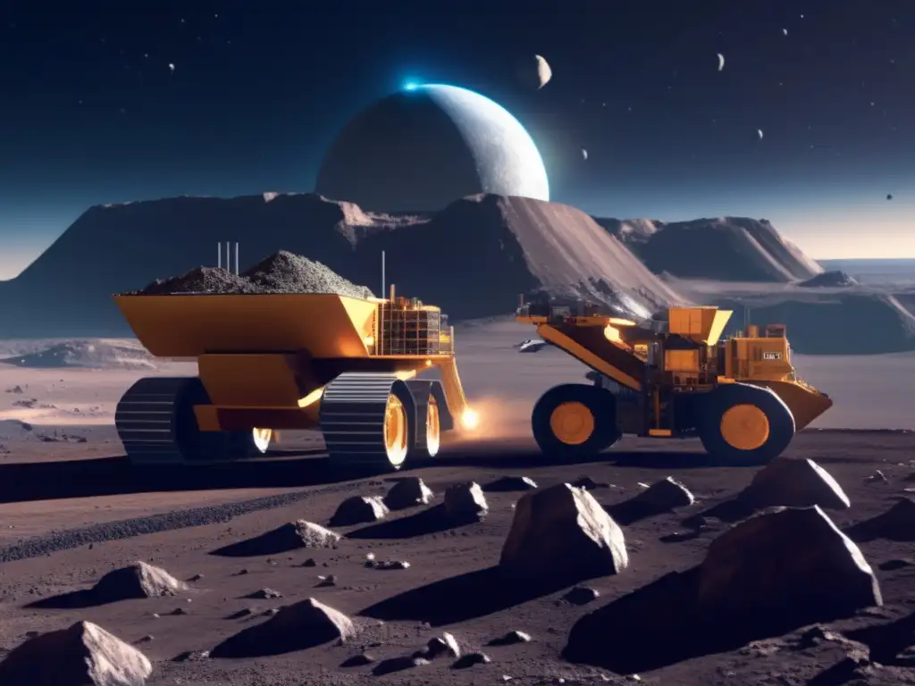 A photorealistic image of a bustling asteroid mining operation on a vast asteroid, filled with valuable mineral veins