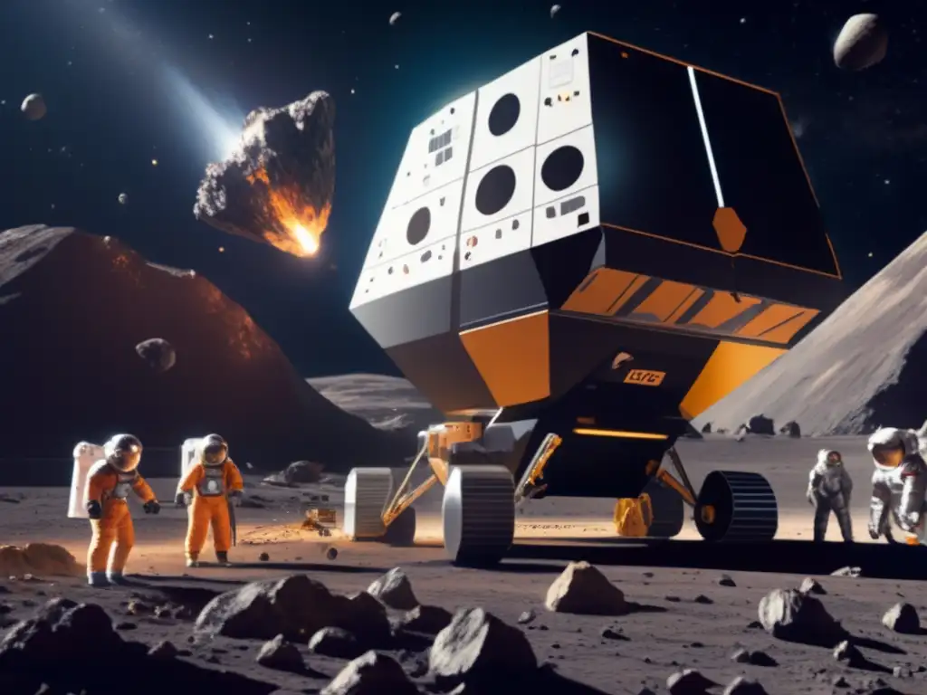 See astronauts in spacesuits collecting precious resources from the large asteroid