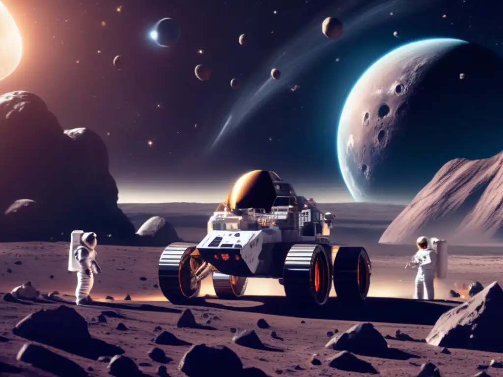 Stark and eerie, this photorealistic image captures an asteroid mining operation set against a backdrop of distant space
