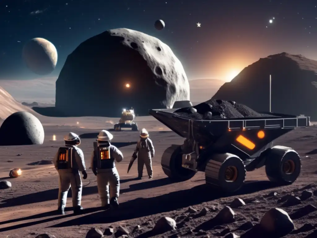 Miners in specialized gear drill into the asteroid surface, extracting precious metals and valuable minerals