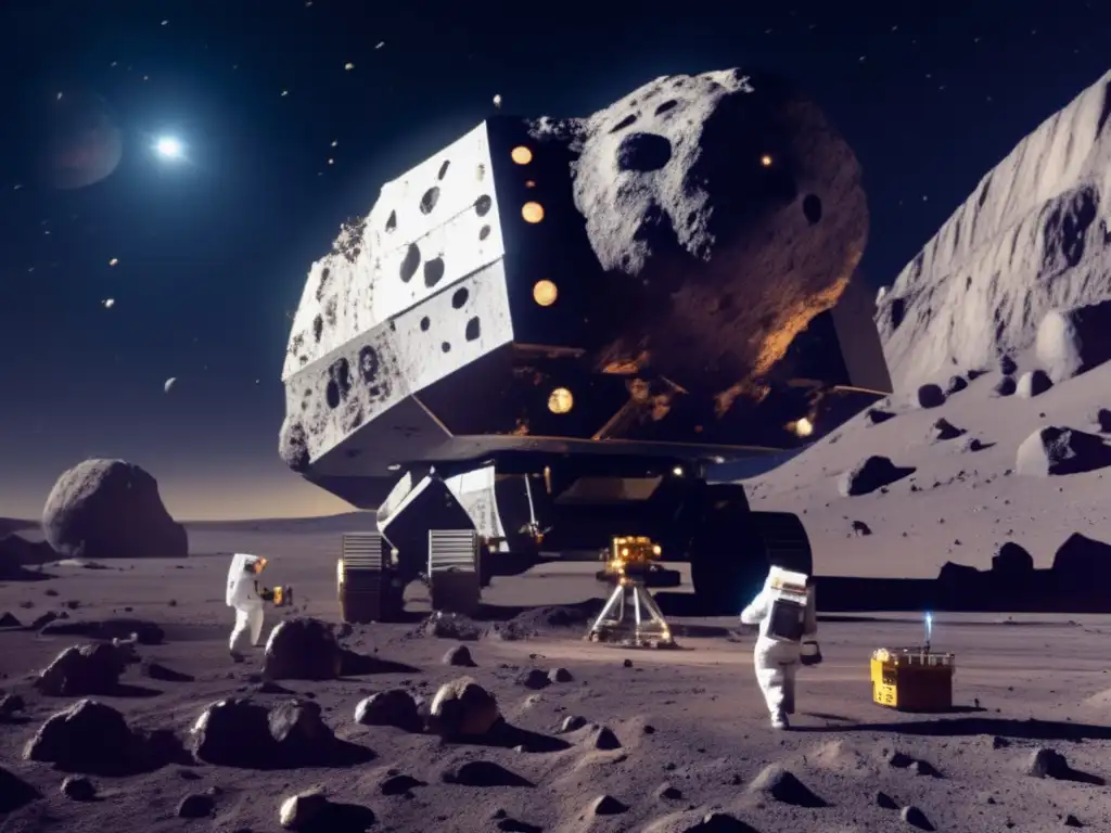A massive asteroid stands tall with multiple craters and mining machinery, as a team of miners in space suits extract samples and drill