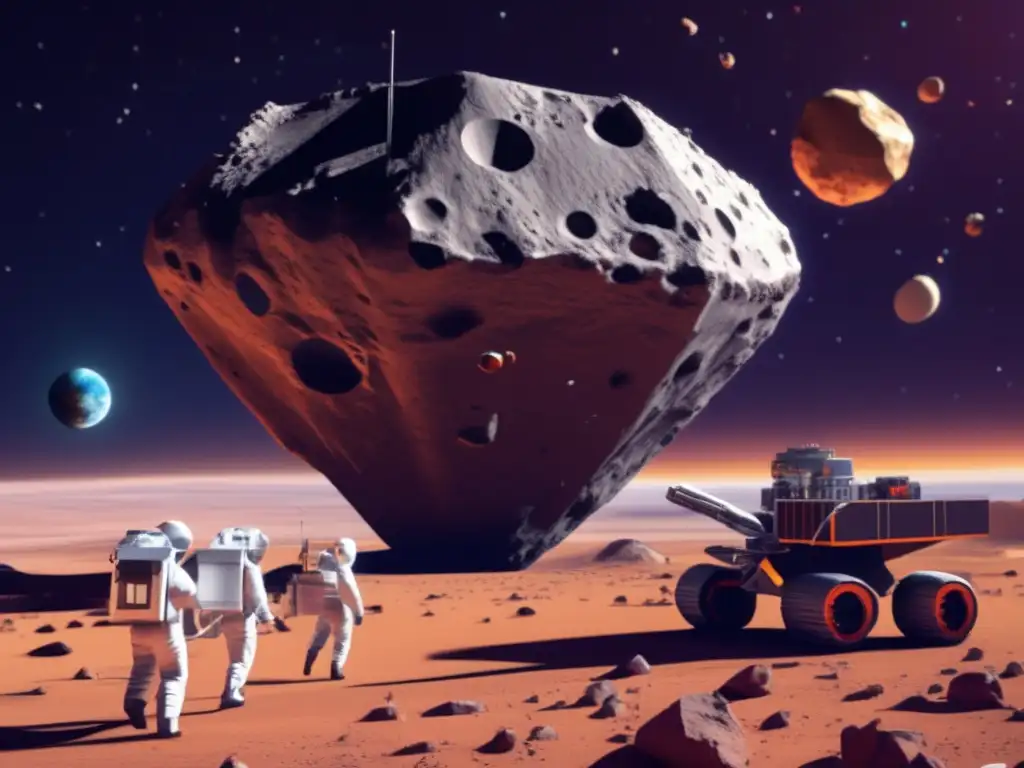 A stunning 3D model of a large asteroid in orbit, surrounded by scientists and engineers working on a space probe to mine its resources