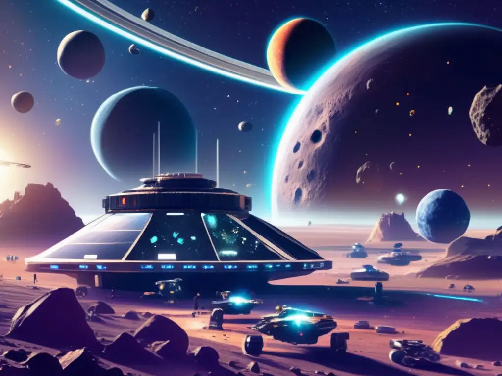 A breathtaking photorealistic depiction of a bustling asteroid mining colony, with ships docked at a grand space station, crew diligently at work