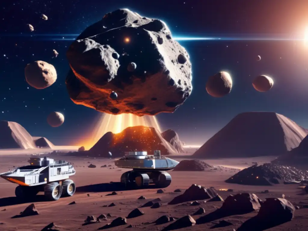 A striking photorealistic image of a massive asteroid orbited by mining ships, extracting resources and leaving behind environmental impact