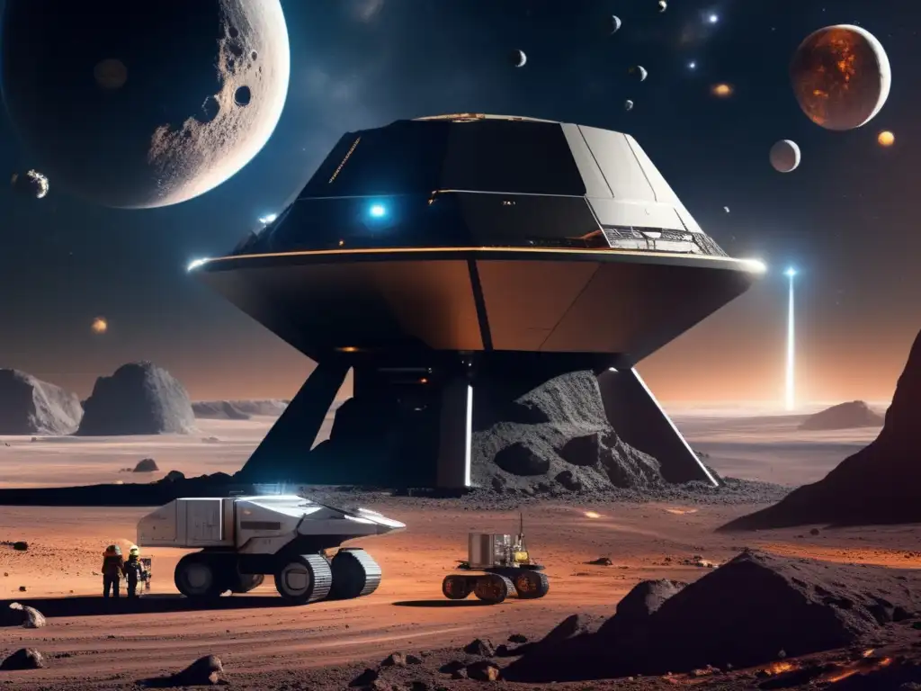 A breathtaking cosmic panorama of an asteroid mining rig ingeniously nestled within a cavernous asteroid crater