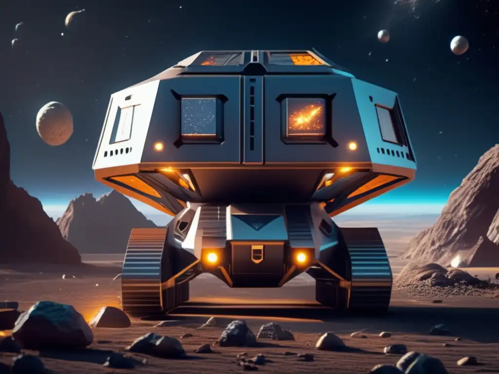 Futuristic asteroid mining rig taking valuable resources from alien asteroids in this breathtaking photorealistic image