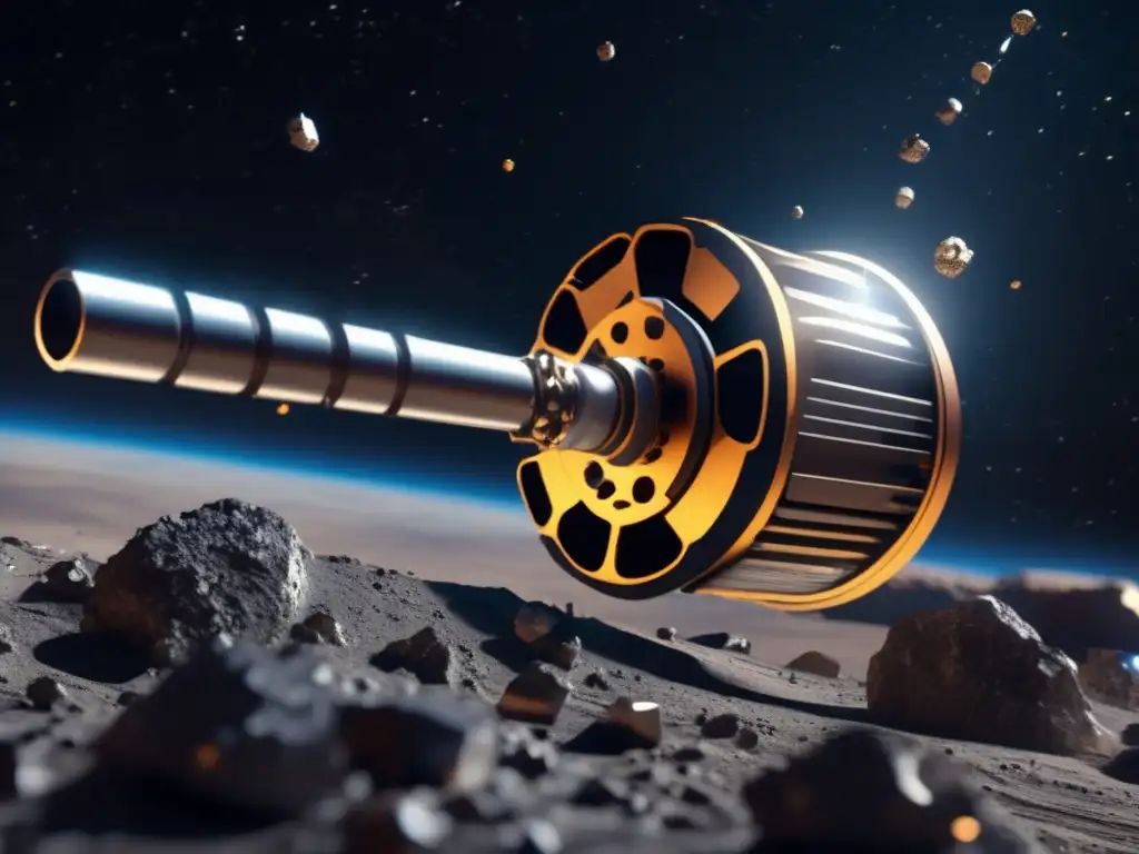 A stunning 8k ultradetailed image of an asteroid mining rig suspended in space, some of the machinery shining silver