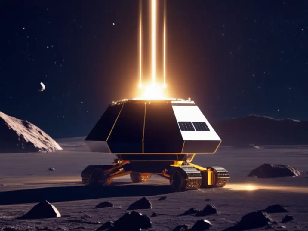 Asteroid mining rig: a beacon of hope in the blackness of space - drilling into the surface of an asteroid, lit by a ray of golden sunlight