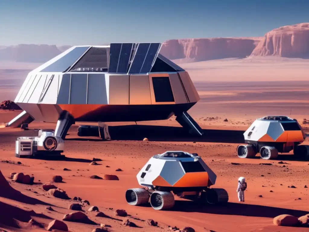 A breathtaking photos of a futuristic asteroid mining rig on Mars, surrounded by a barren desert landscape