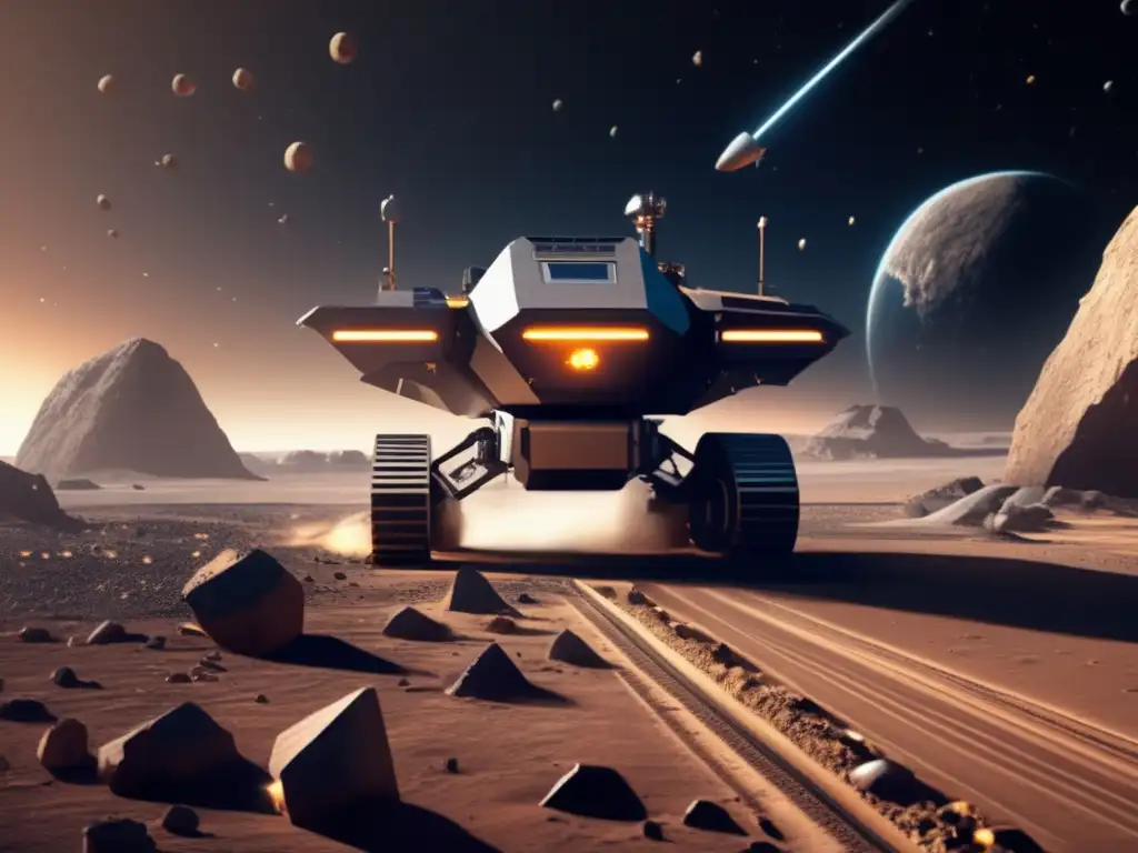 A breathtaking photorealistic depiction of an advanced asteroid mining robot, performantly excavating valuable resources from a barren asteroid landscape, evoking a sense of awe and wonder through its masterful engineering and innovative technological prowess