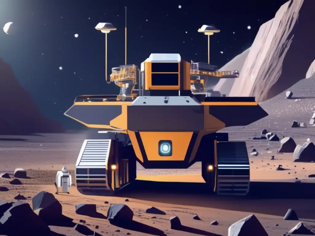 Photorealistic image of the asteroid mining robot's interior, showcasing its intricate machinery and complex systems at work