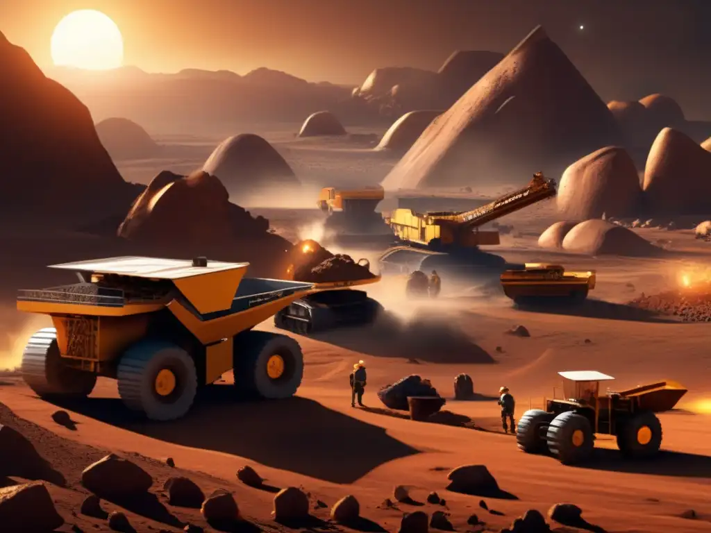 An ancient mining site at the asteroid Anchises, surrounded by rock formations and ores, with tools and mining equipment scattered throughout