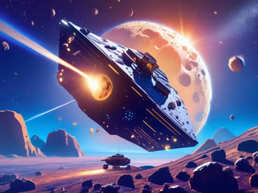 An artistically rendered depiction of a spacecraft carefully navigating through a dense asteroid field on a vibrant blue planet