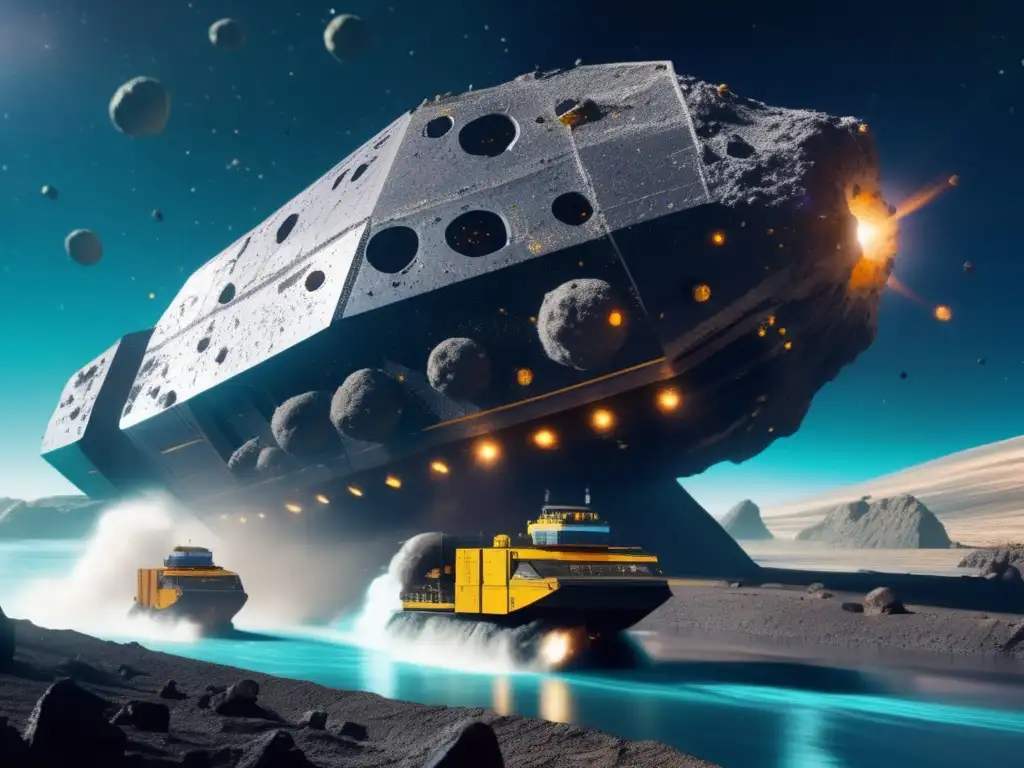 Dynamic asteroid mine ship cutting into surface, revealing hidden underground city with vibrant reds and blues dominating color scheme