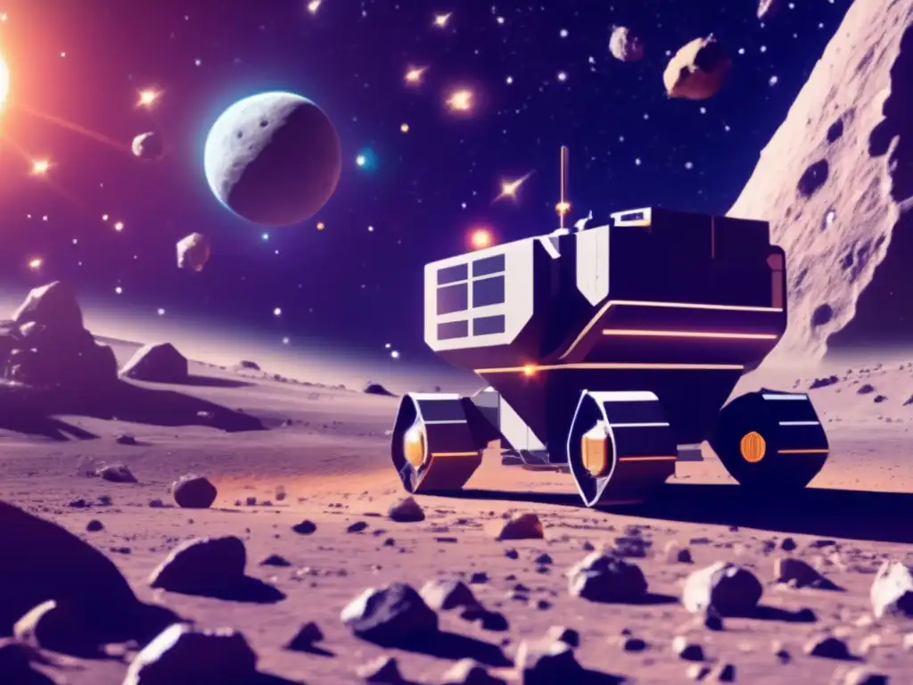 An image of an asteroid mining ship in a vast galaxy, surrounded by asteroids and dwarf planets