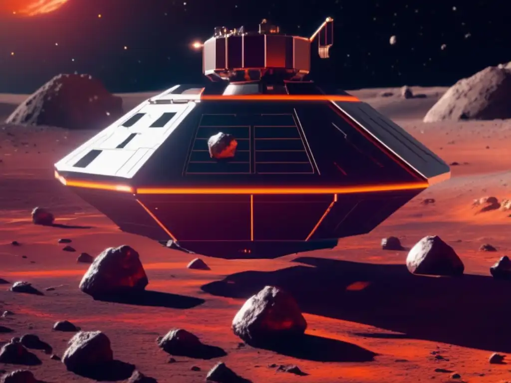 Photograph of an asteroid mining ship hovering in front of a large asteroid, collecting resources with robotic arms