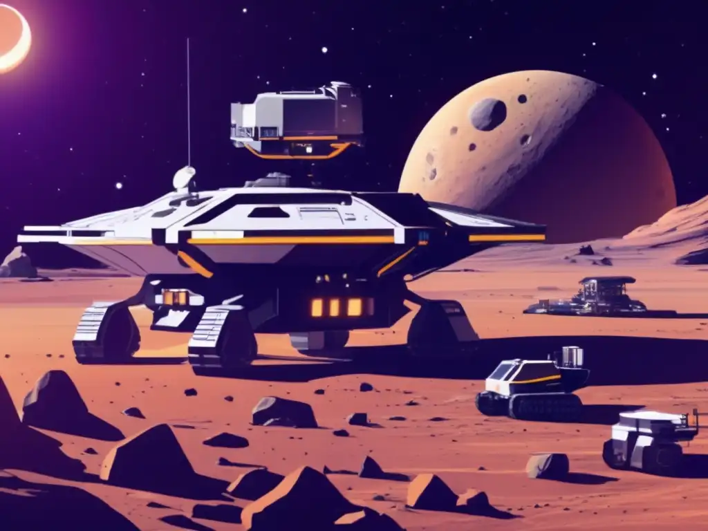 A colossal asteroid mining vessel, equipped with several mining rigs and a crane, docks at a small asteroid mining facility on Jupiter's moon