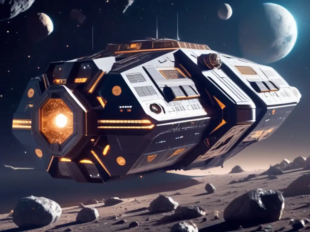 Majestic asteroid mining ship soaring through space, detailed machinery and intricate structure amidst jagged rocks and debris