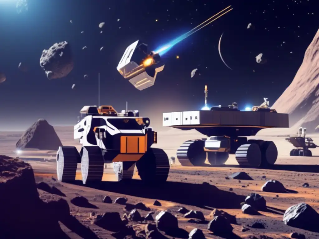 An asteroid mining site in space, with a spacecraft extracting resources from a massive asteroid