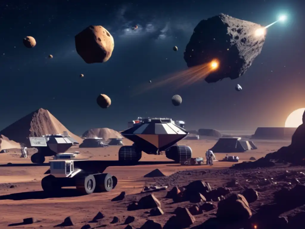 Collecting precious minerals from the dark asteroid surface, asteroid mining site operates with a fleet of spacecrafts and mining equipment