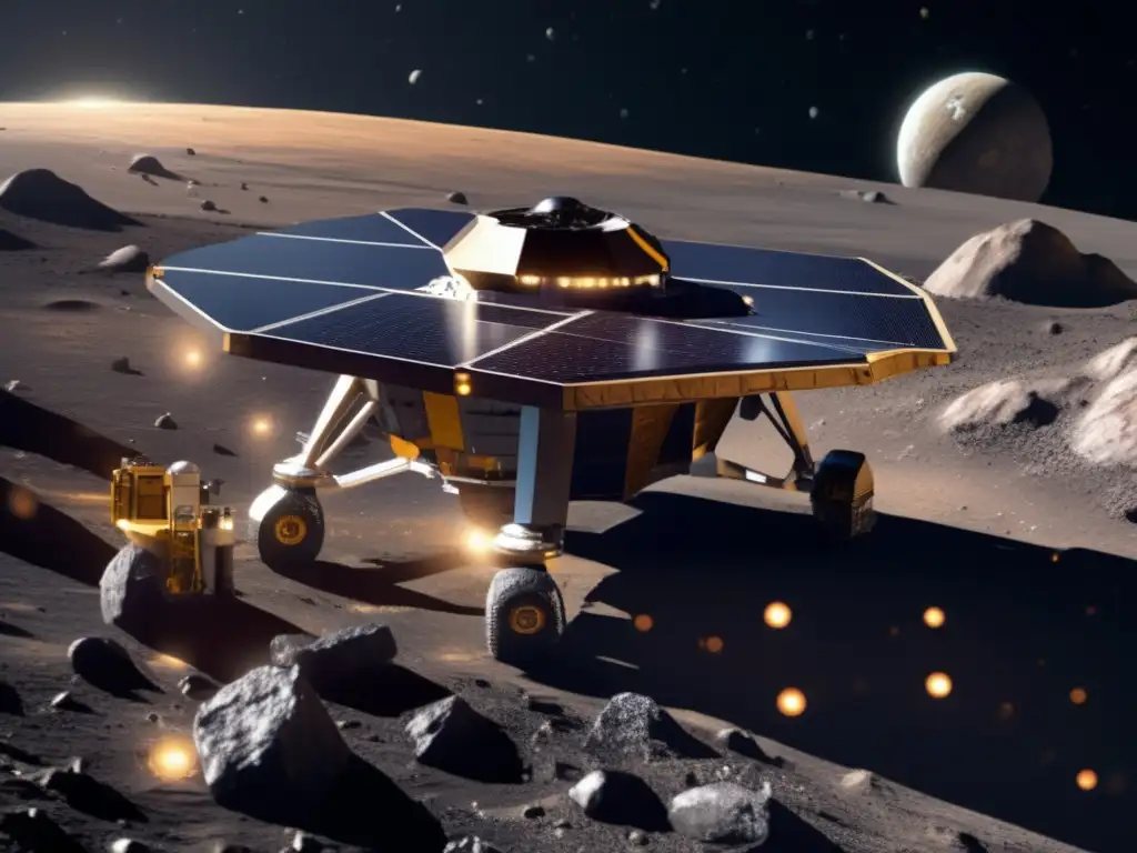 A stunning photorealistic image of a solarpowered asteroid mining spacecraft extracting valuable resources from the surface of an asteroid