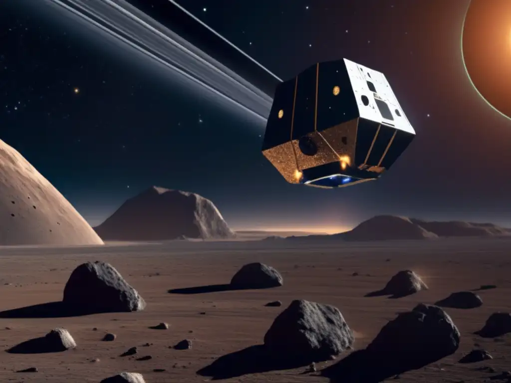 Dash - A stunning photorealistic image of an asteroid mining spacecraft, with a metallic asteroid in the background, showcasing its unique composition under harsh supersonic lights