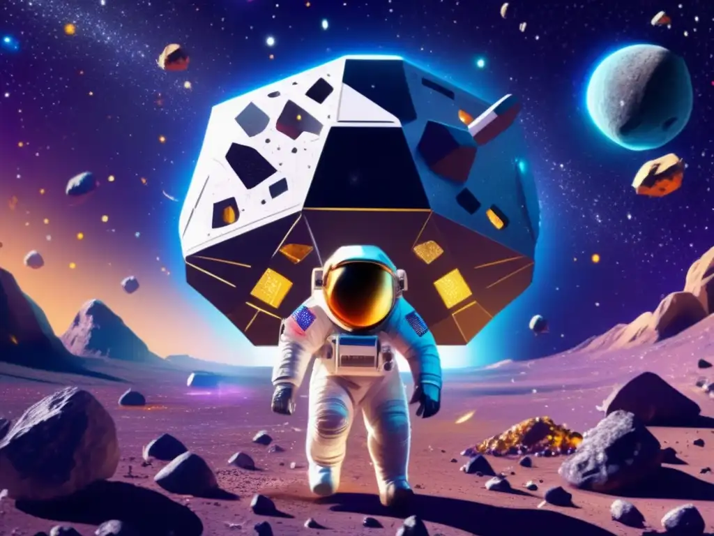An asteroid mining spacecraft boldly explores and extracts valuable resources from a stunning backdrop of colorful asteroids and radiant stars