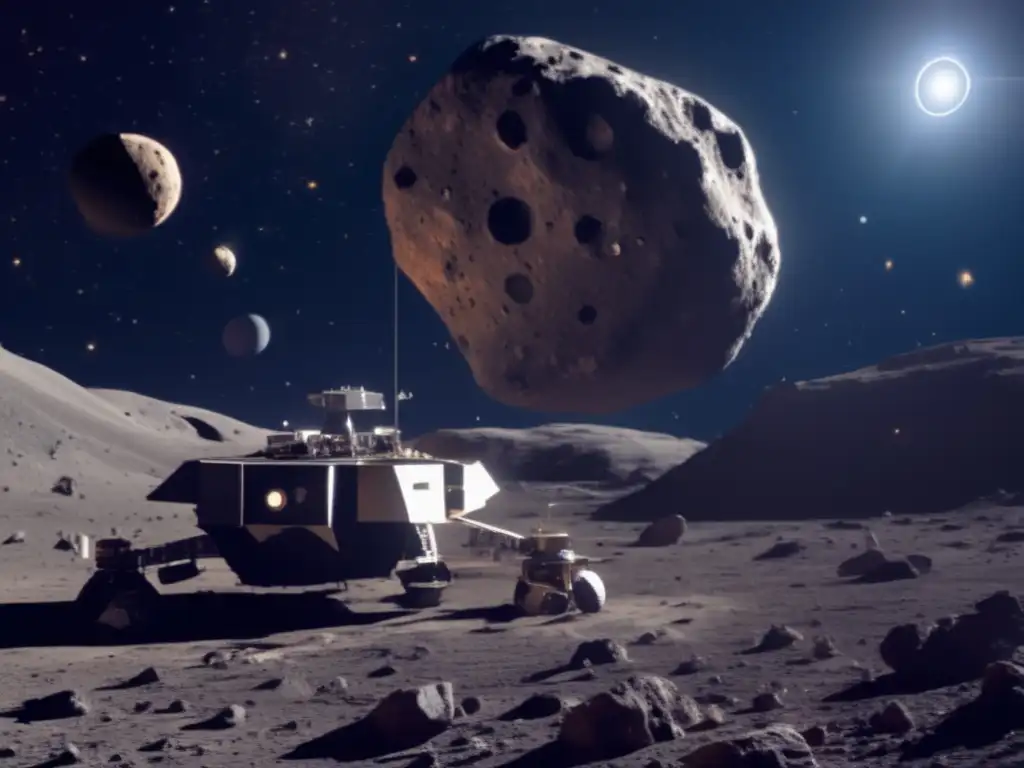 A stunning depiction of a colossal asteroid, meticulously mined by a collective of spacecrafts