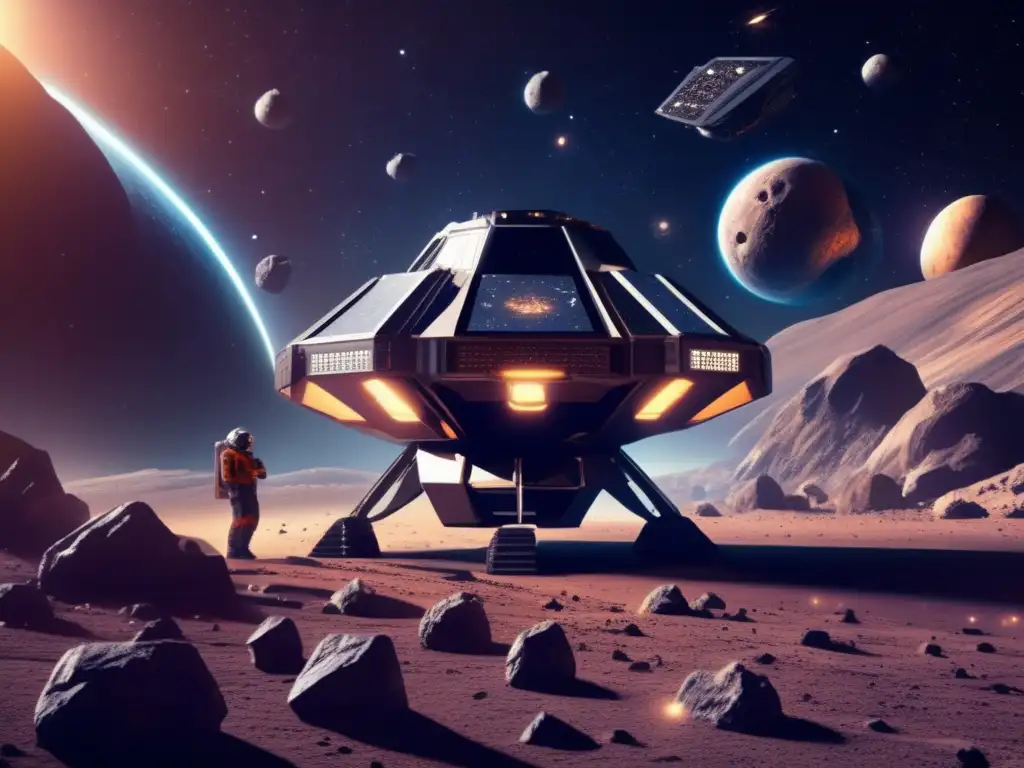 A photorealistic illustration of a spacecraft atop an asteroid with intricate veining and design, surrounded by a vast cosmic landscape of nebulae, stars, and other asteroids, exuding a sense of wonder and exploration