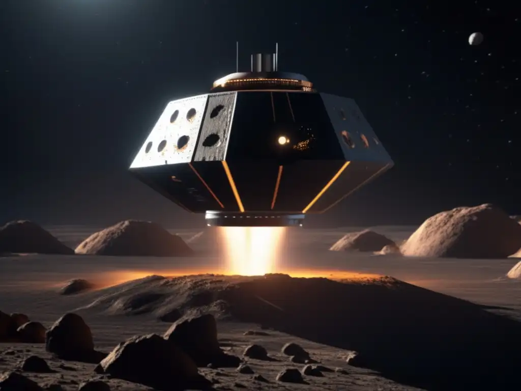 A photorealistic image captures a 3D rendering of a spacecraft designed for asteroid mining, hovering above a large cratered asteroid in a black void