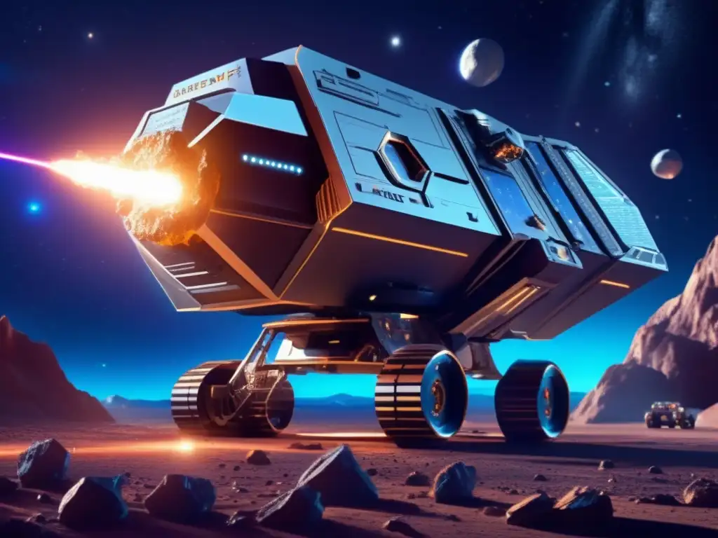 Steroids? A photorealistic illustration of a sci-fi asteroid mining spacecraft extracting valuable minerals from an asteroid