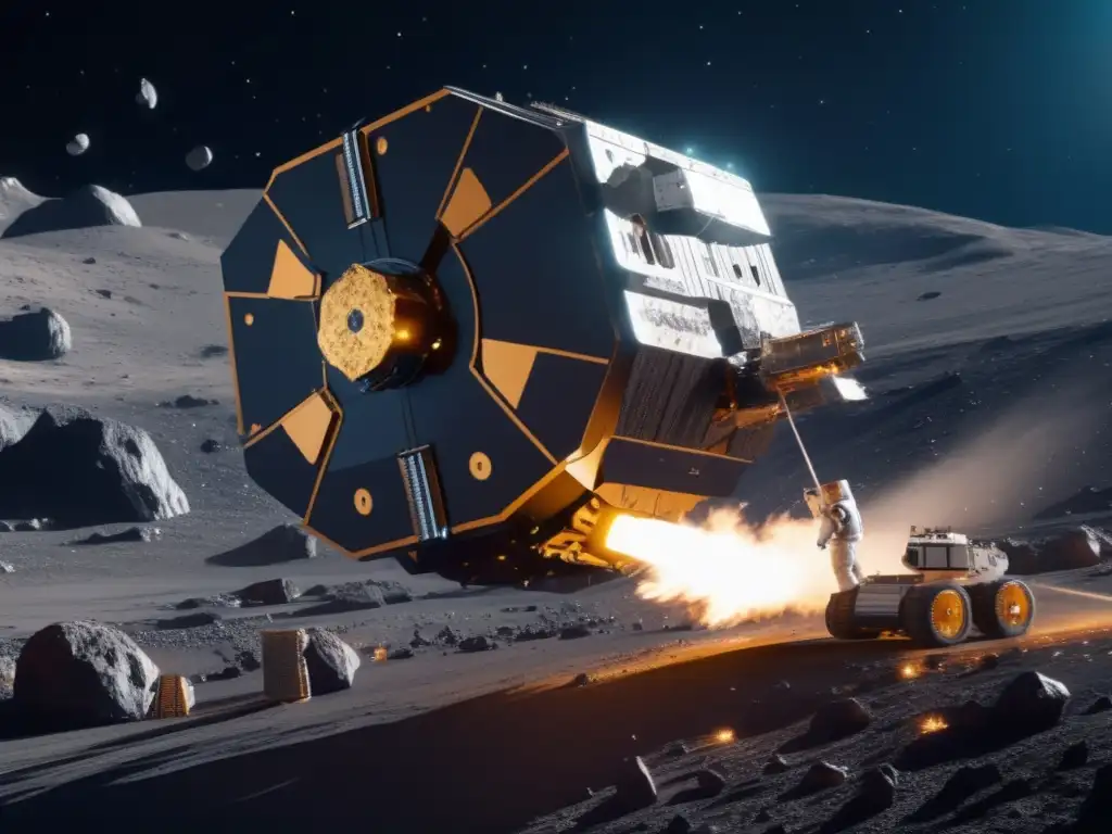 A stunning 8k photograph captures an asteroid mining spacecraft at work extracting valuable resources from a massive asteroid