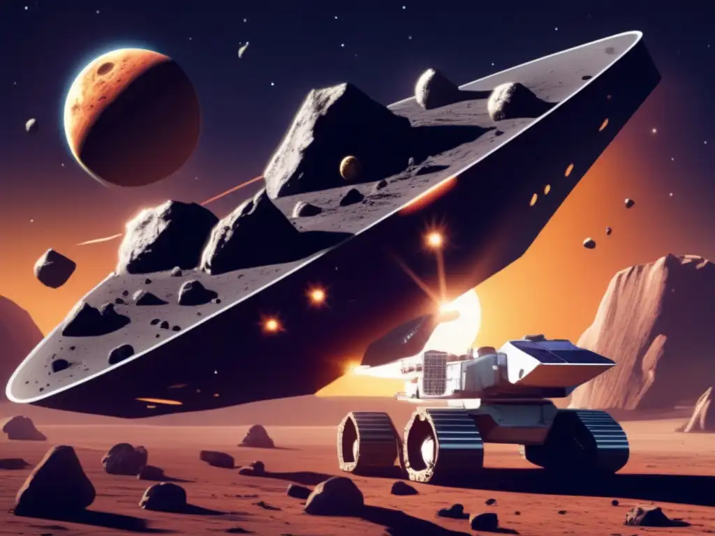 Asters Await: Mining Opportunities in Space A stunning photorealistic image of a spacecraft transporting asteroids through space, with the sun casting a warm glow on the scene