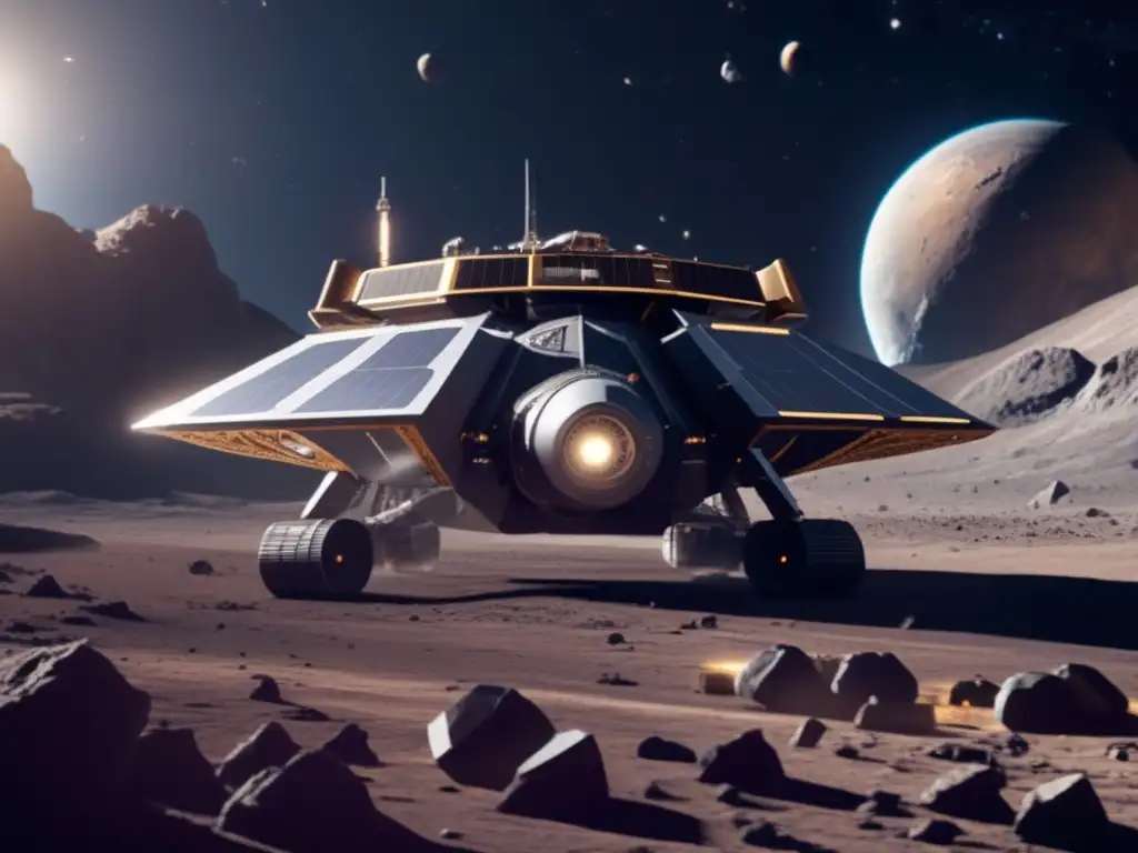 An asteroid mining spacecraft, meticulously crafted with intricate details including warp engines, solar panels, and mining machinery