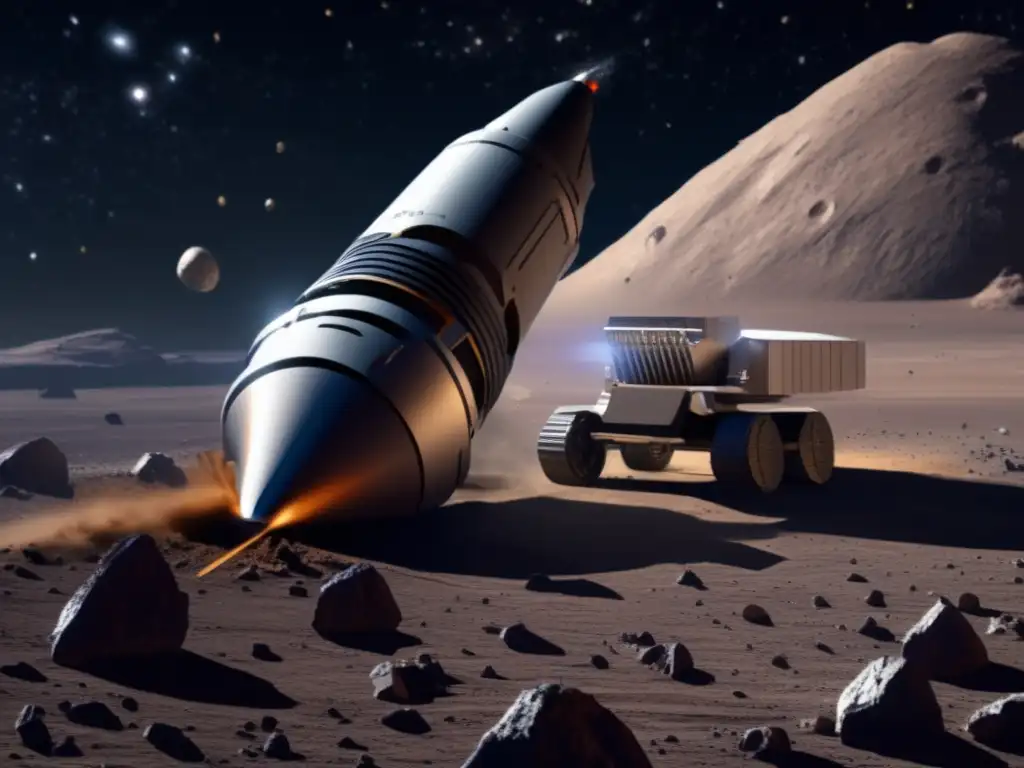 An asteroid mining spacecraft in action, seamlessly extracting valuable resources from an asteroid's surface with a drill bit