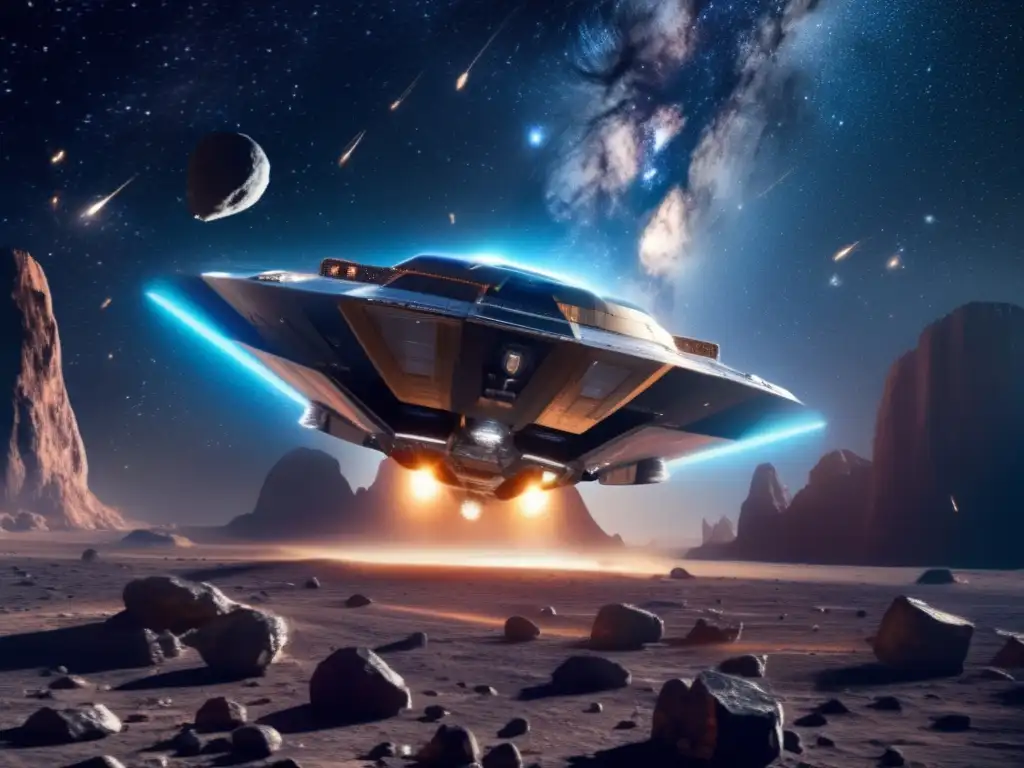 Futuristic Mining Spacecraft in Asteroid Belt - A photorealistic depiction of a futuristic spacecraft traversing an asteroid belt against the backdrop of nebulae and the Milky Way galaxy